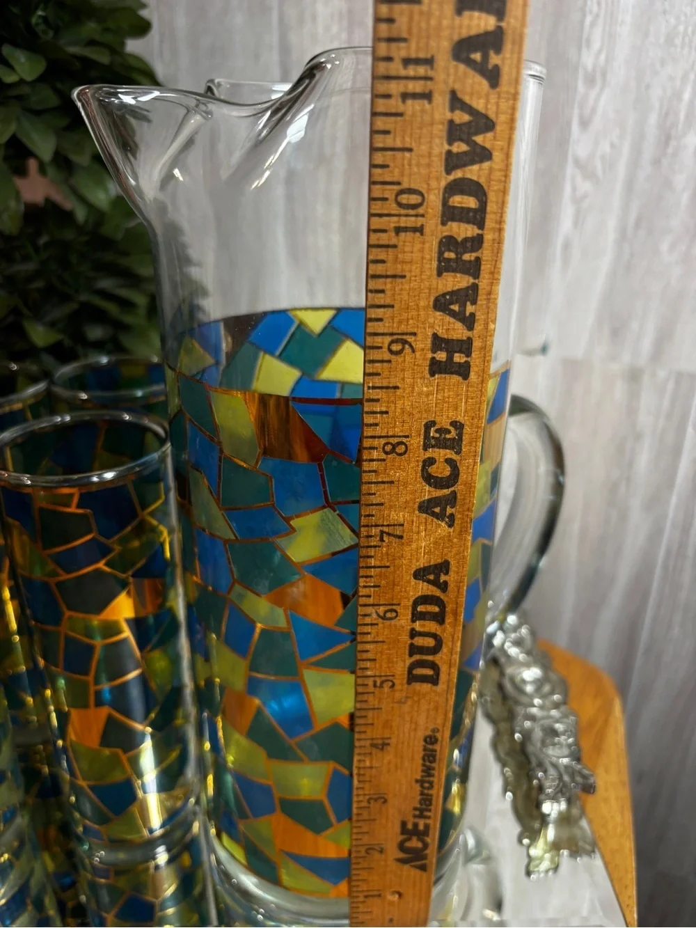 Vintage Blue & Gold Mosaic Glass Pitcher & 4 Highball Glasses Barware Set